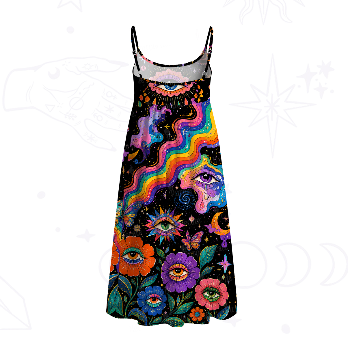 Purplehecate Groovy Hippie Flower Eyes Spaghetti Strap Midi Dress