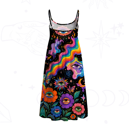 Purplehecate Groovy Hippie Flower Eyes Spaghetti Strap Midi Dress