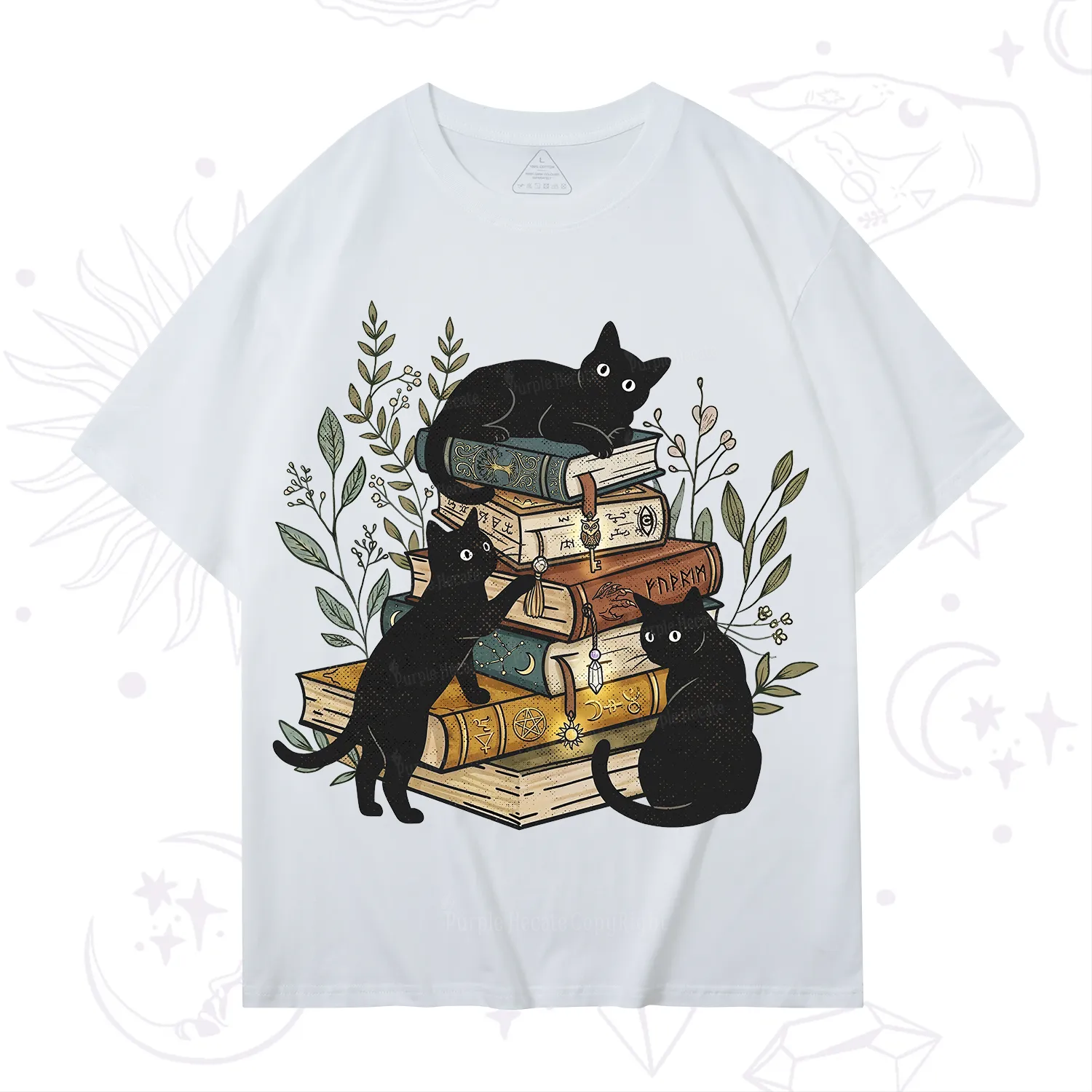 Purplehecate Enchanted Library Three Black Cats T-Shirt