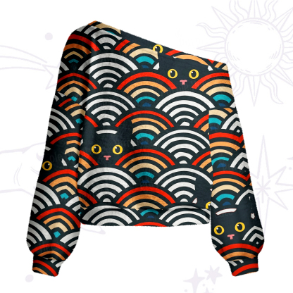 Purplehecate Rainbow Black Cat One Shoulder Sweaters