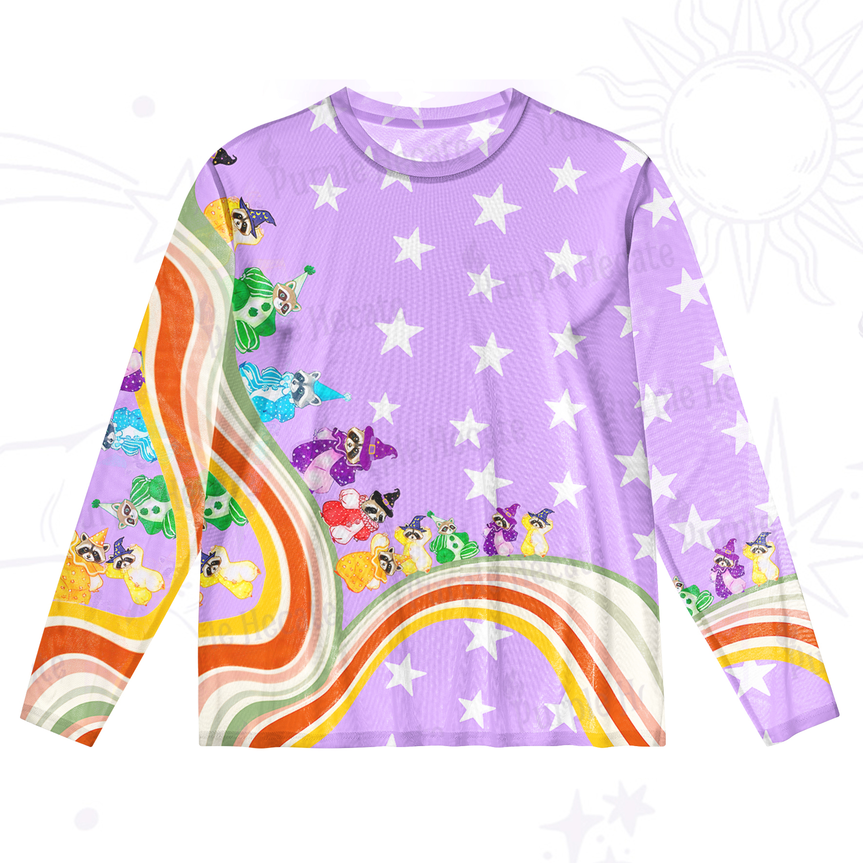 Purplehecate Rainbow Raccoon Star Mesh Long Sleeve Top