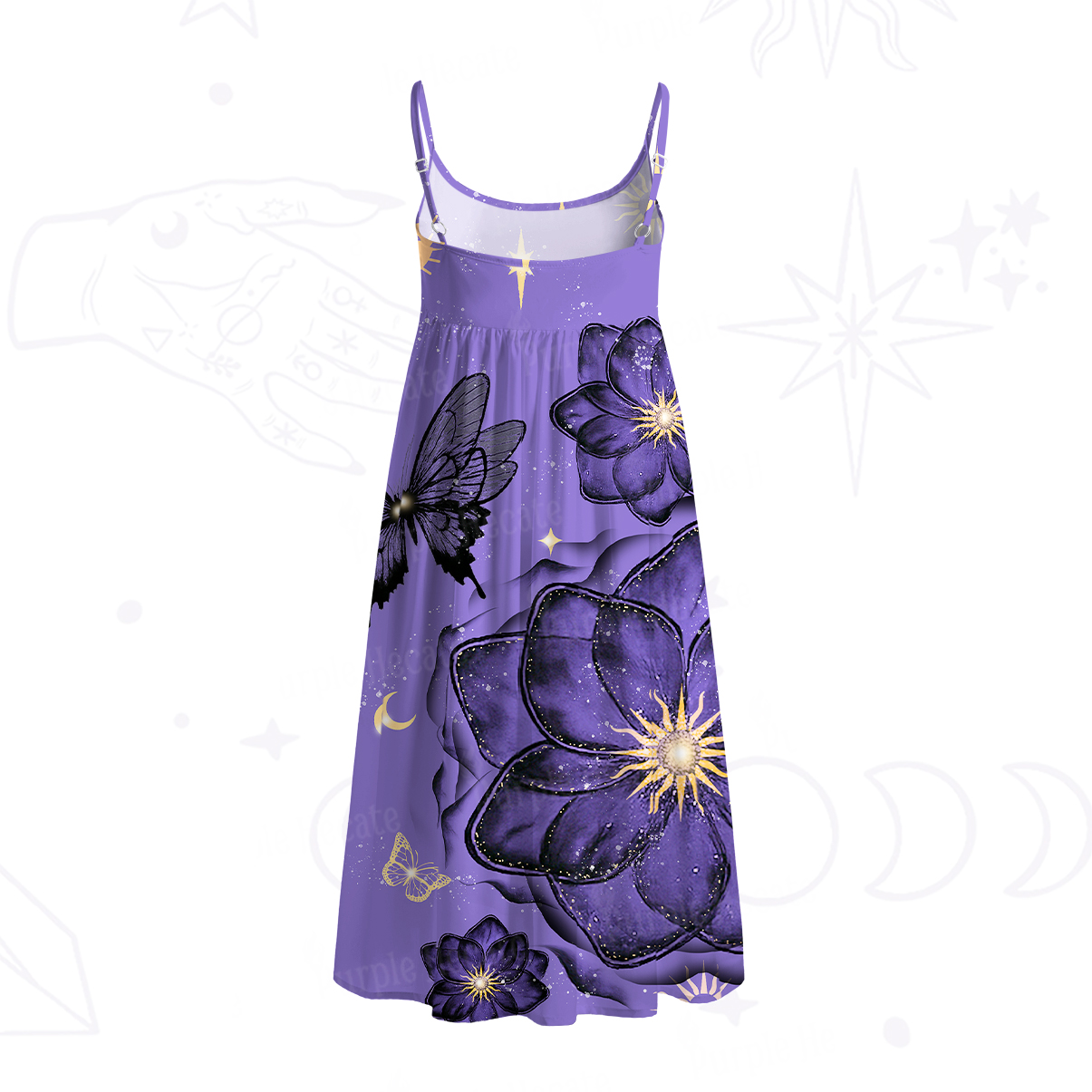 Purplehecate Moonlit Petals and Wings Spaghetti Strap Midi Dress