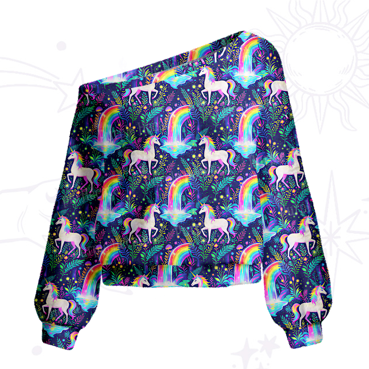 Purplehecate Rainbow Forest Unicorn Magic One Shoulder Sweaters