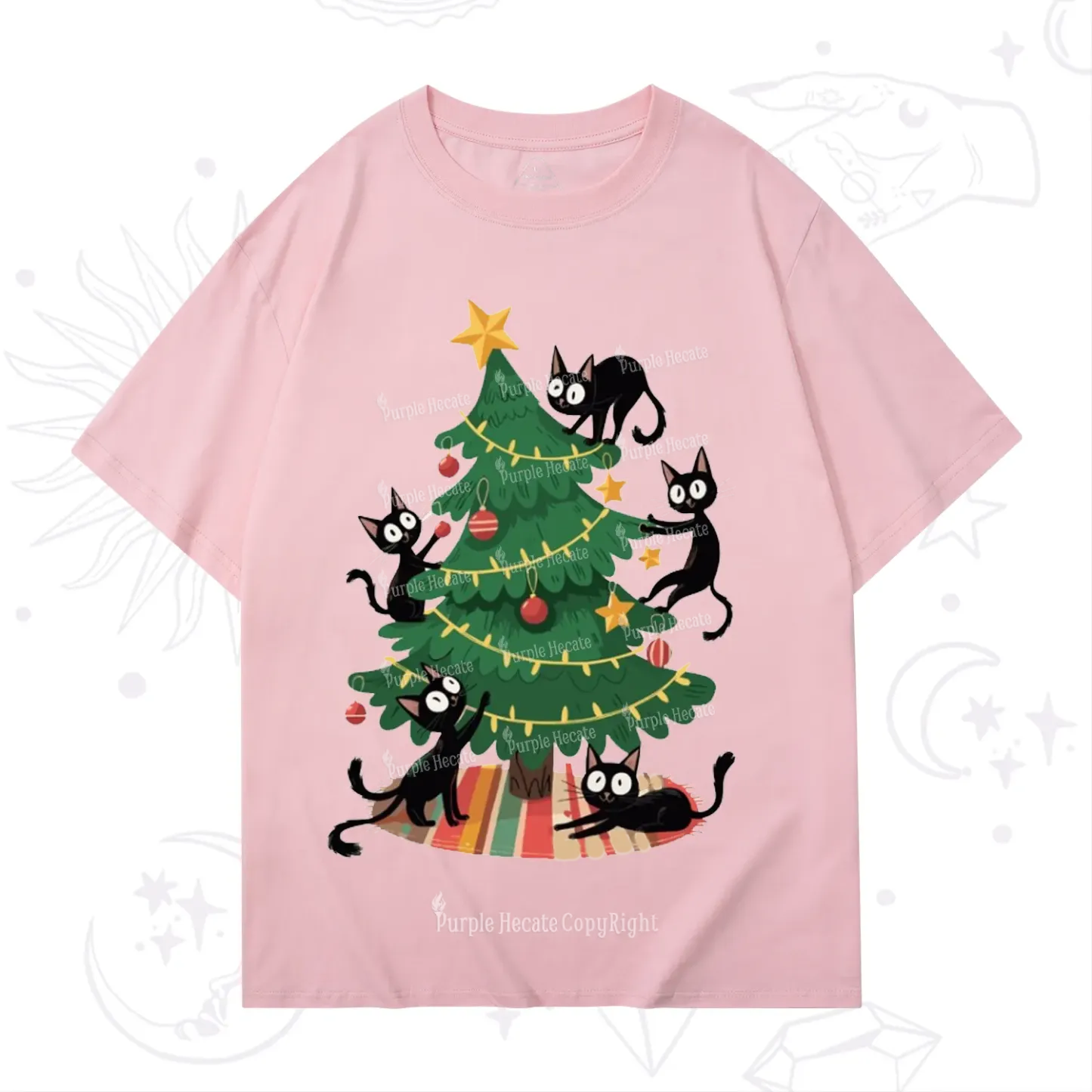 Purplehecate Black Cat in Tree Christmas T-Shirt