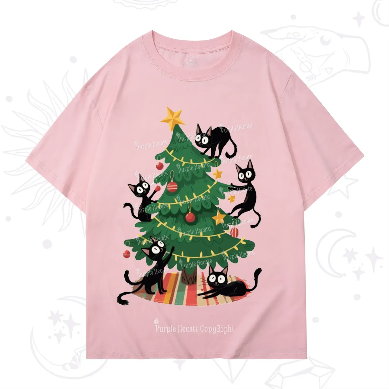 Purplehecate Black Cat in Tree Christmas T-Shirt