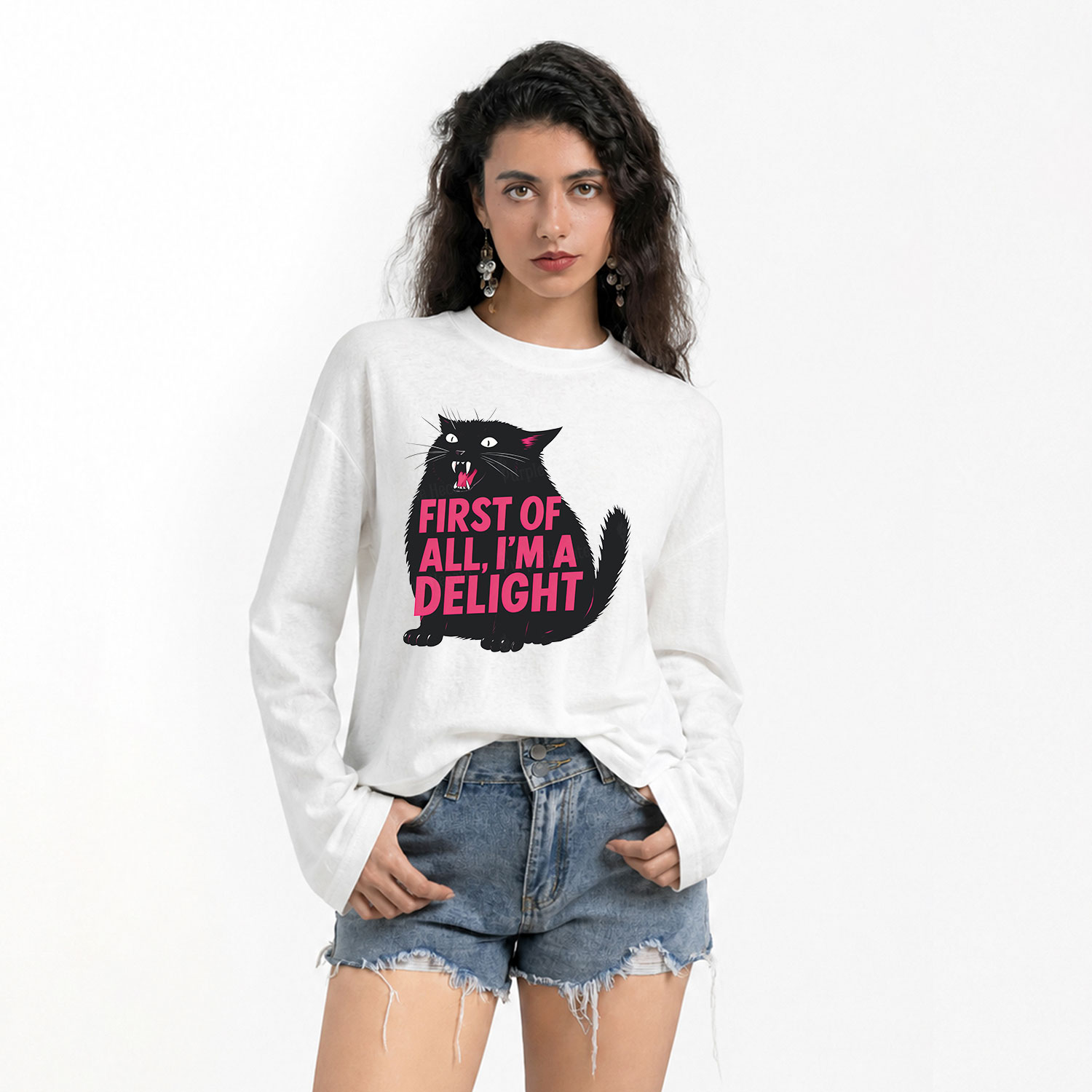 Purplehecate First Of All I'm A Delight Cat Slub Long Sleeve T-Shirt
