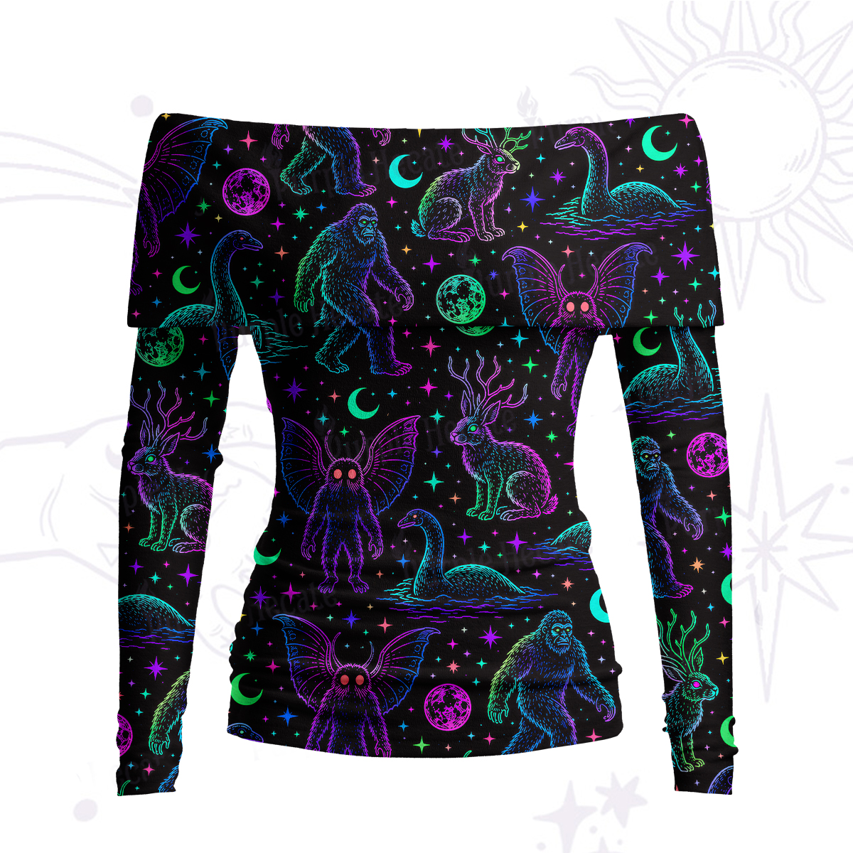 Purplehecate Neon Cryptid Creatures Off Shoulder Long Sleeve Knit Top