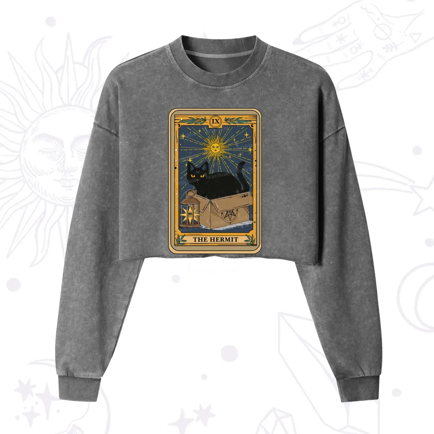 Purplehecate The Hermit Card Cat Lover Cropped Washed Sweatshirt