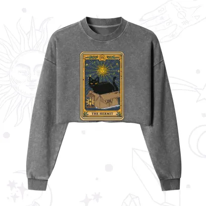 Purplehecate The Hermit Card Cat Lover Cropped Washed Sweatshirt