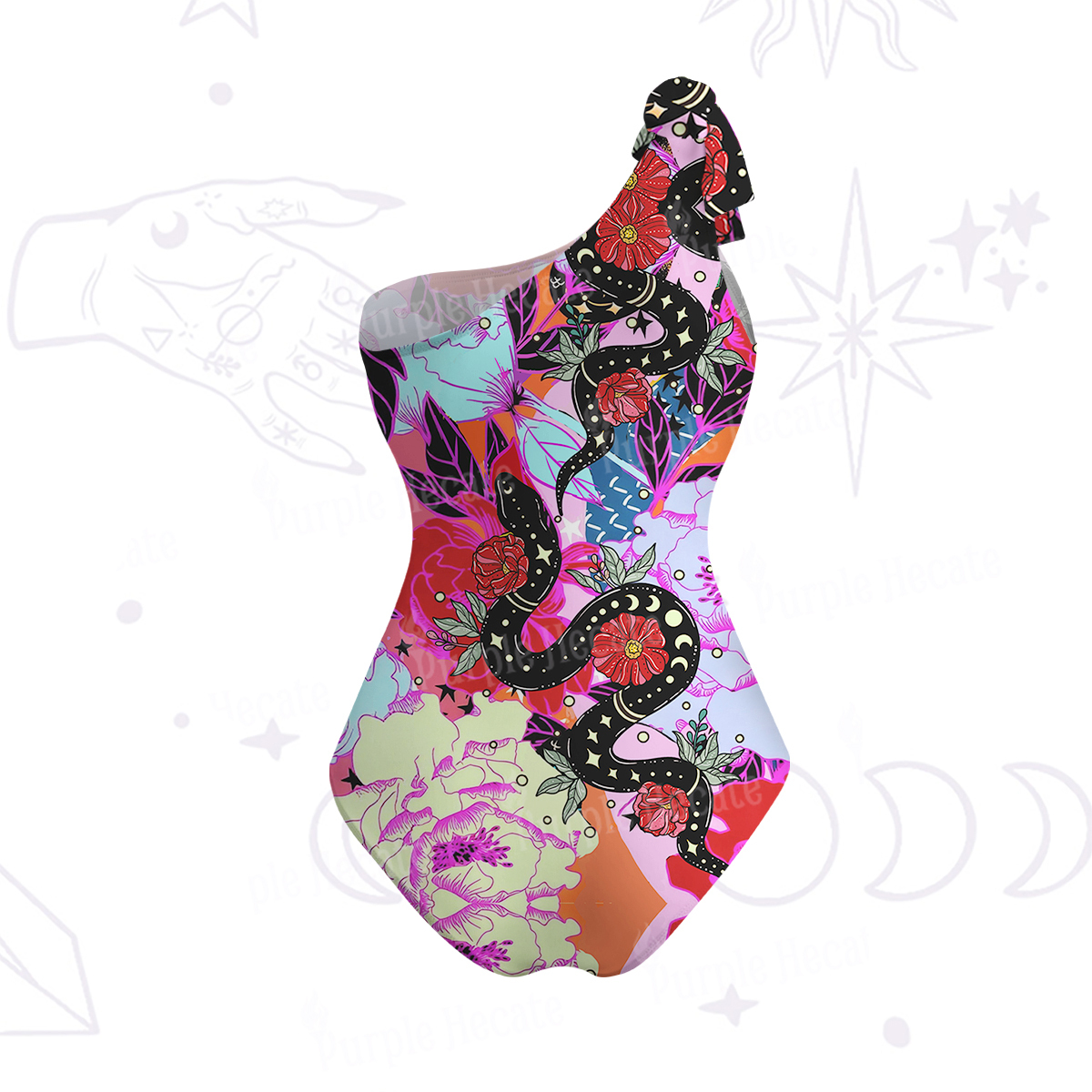 Purplehecate Enchanted Black Serpent & Floral Pattern One-Shoulder One-Piece Swimsuit