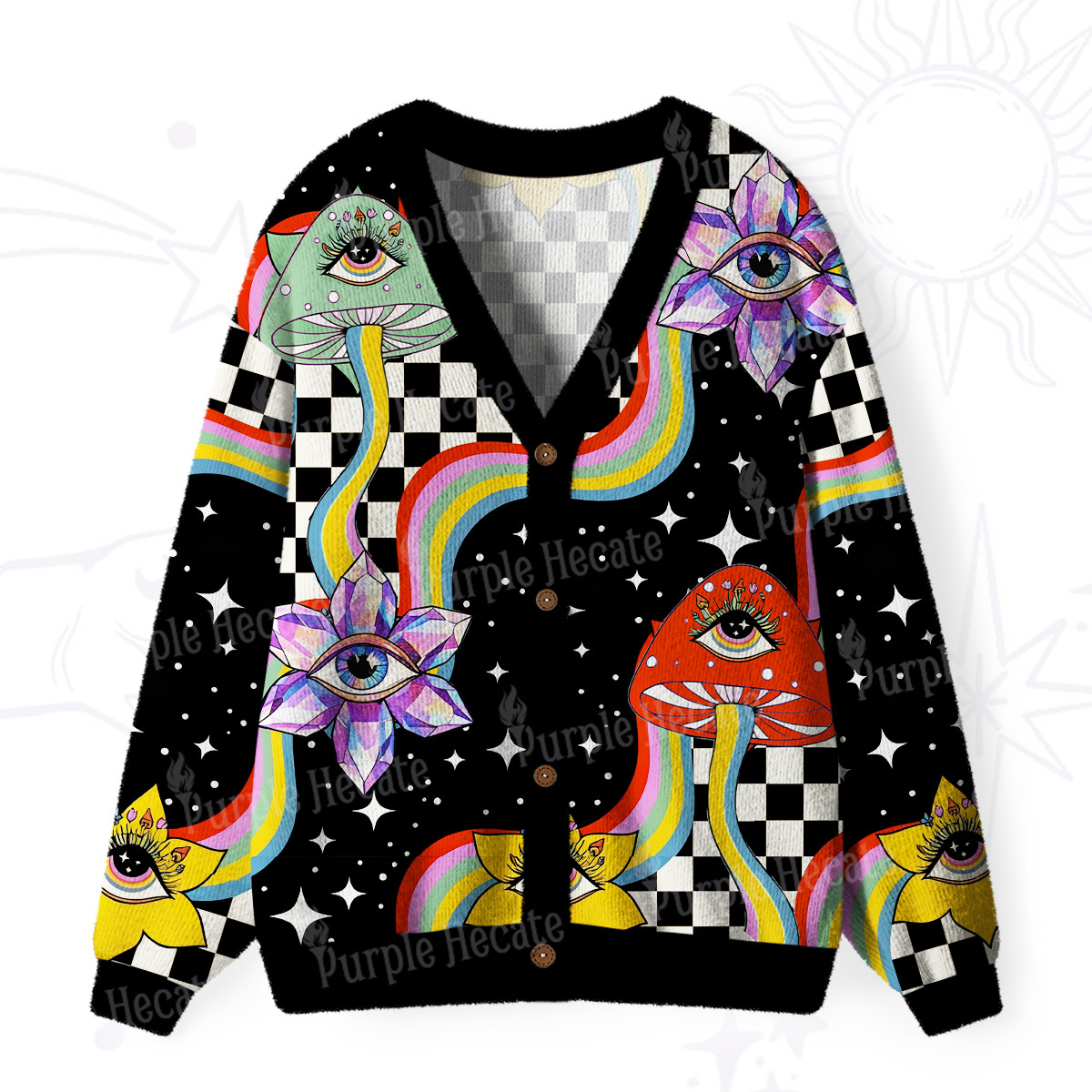 Purplehecate Enchanted Mushroom Eye Blossom Ugly Cardigan Sweaters