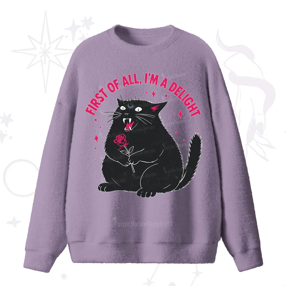 Purplehecate First Of All I'm A Delight Cat Fuzzy Ugly Sweater