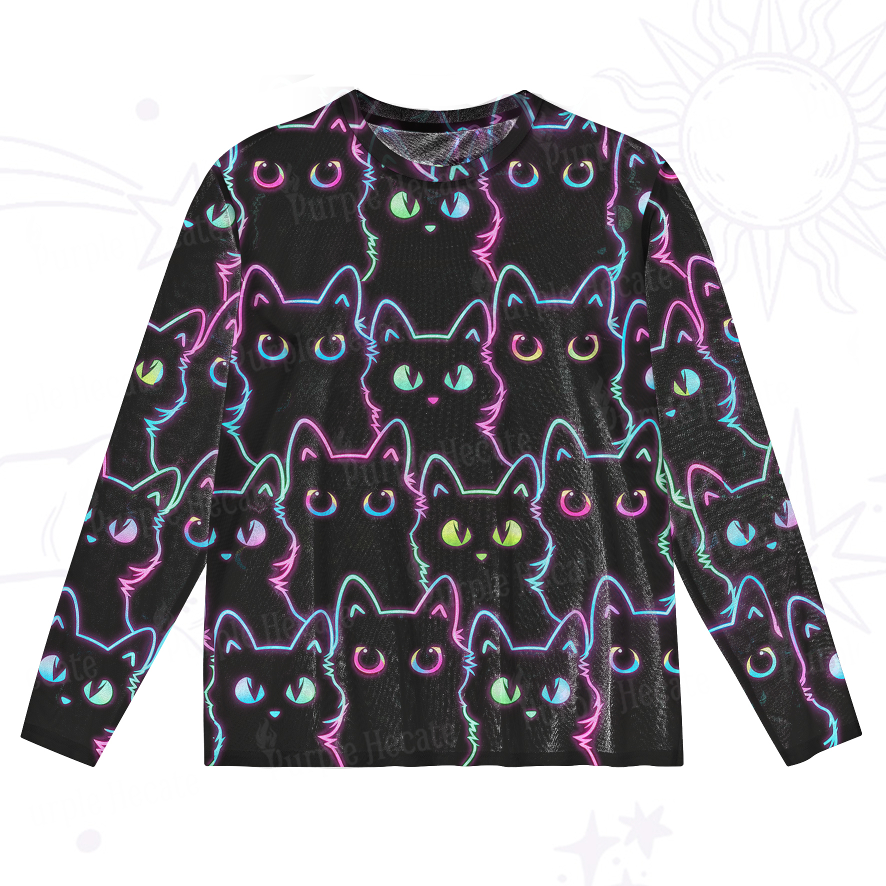 Purplehecate Neon Glow Stacked Cats Mesh Long Sleeve Top