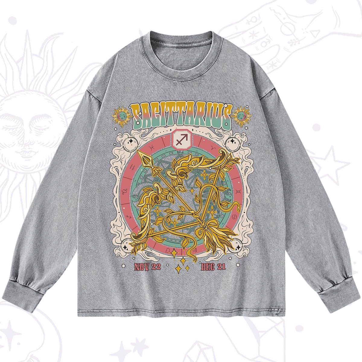 Purplehecate Sagittarius Cosmic Zodiac Washed Long Sleeve Shirt