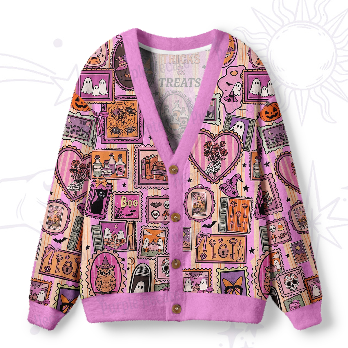 Purplehecate Halloween Doodle Print Ugly Cardigan Sweaters