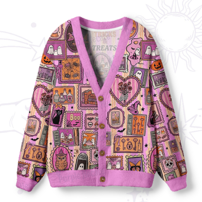 Purplehecate Halloween Doodle Print Ugly Cardigan Sweaters