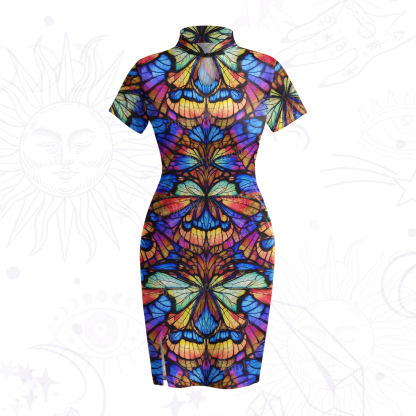 Purplehecate Colorful Butterfly Wing Pattern Velvet Bodycon Dress