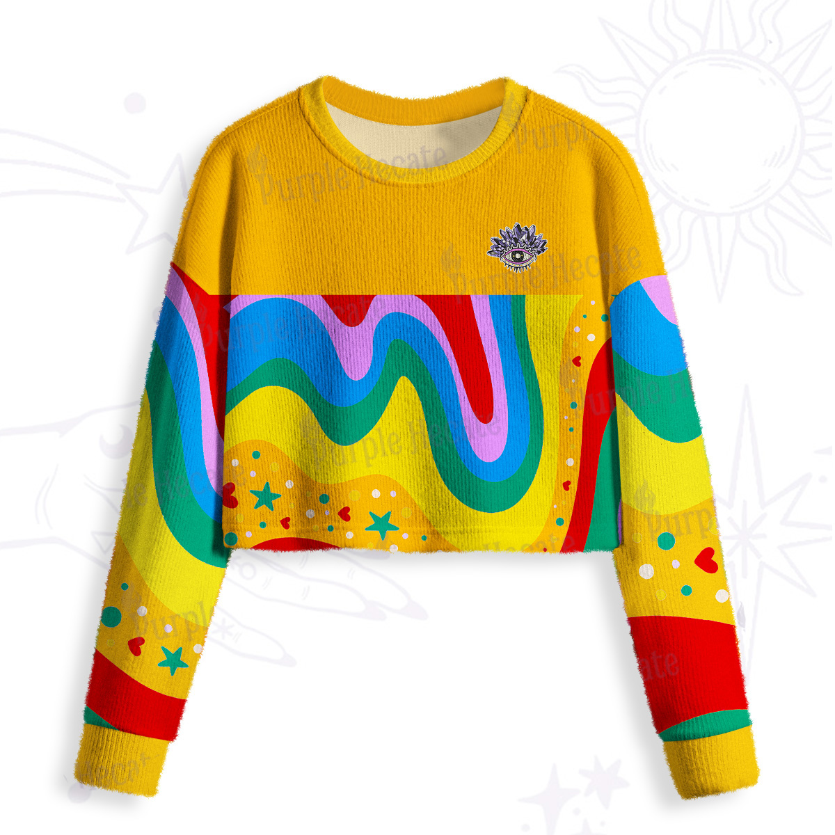 Purplehecate Dreamy Rainbow Waves Crop Fuzzy Ugly Sweatshirt