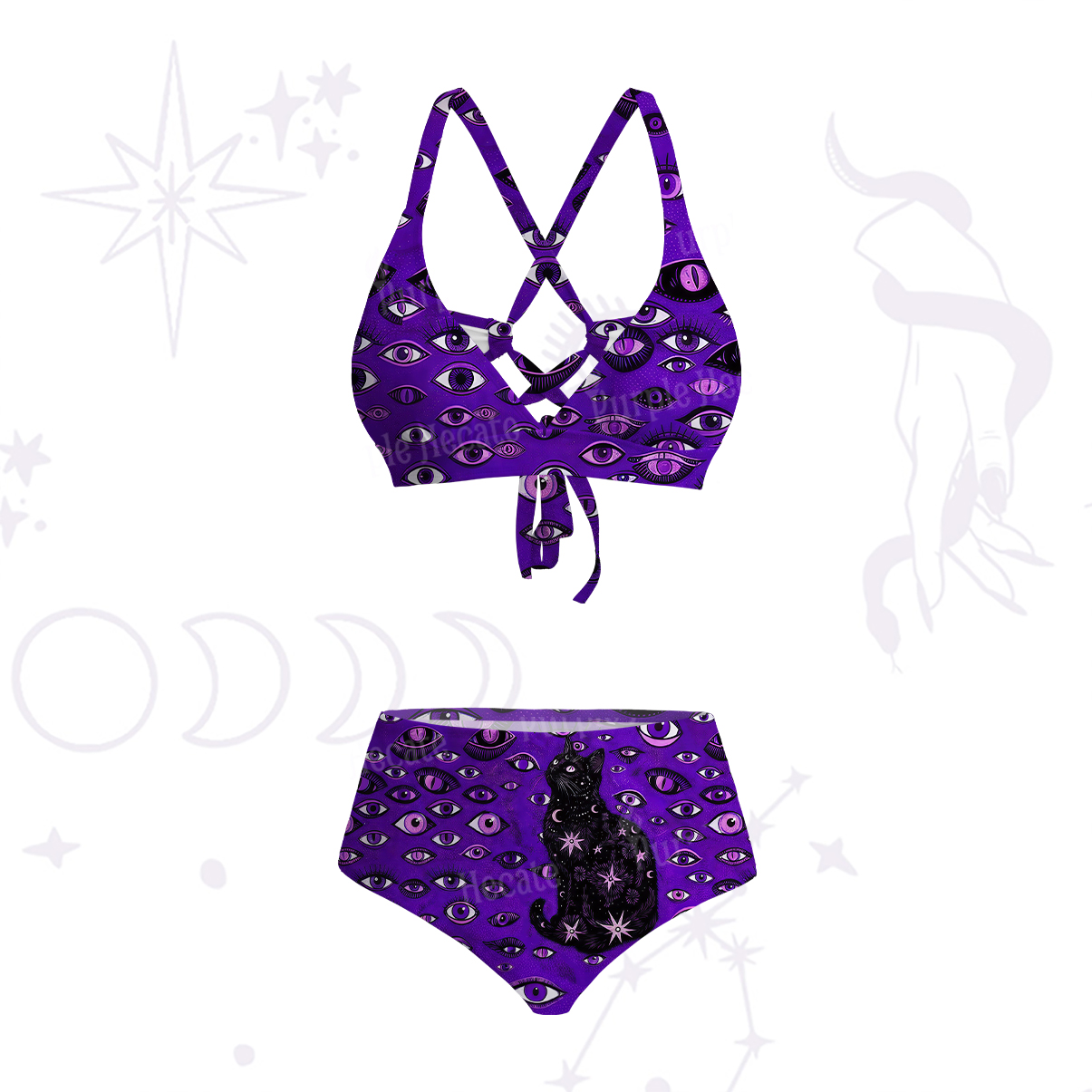 Purplehecate Cosmic Watcher Cat Crisscross Tie-Back Bikini Set