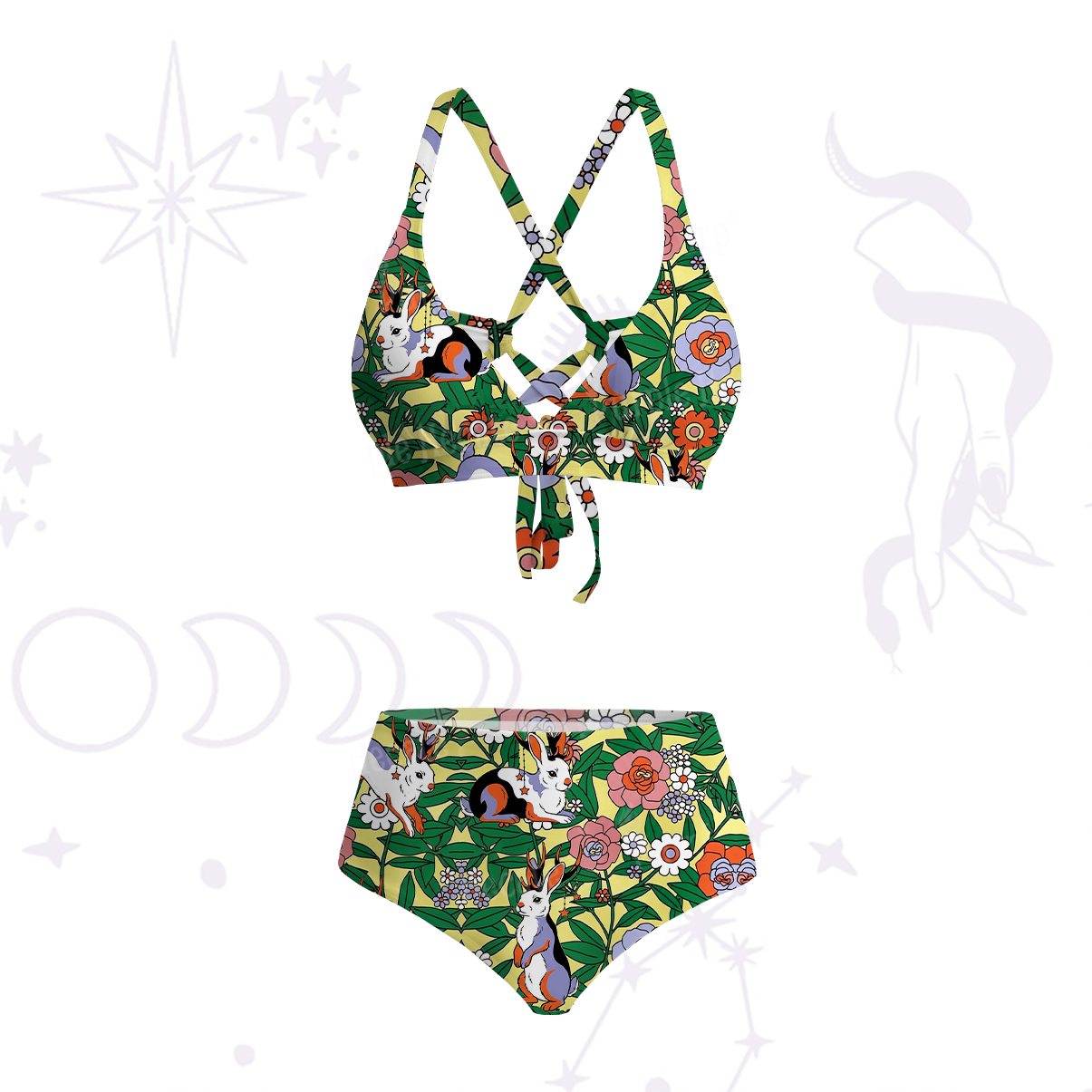 Purplehecate Mystic Blossom Bunny Garden Crisscross Tie-Back Bikini Set