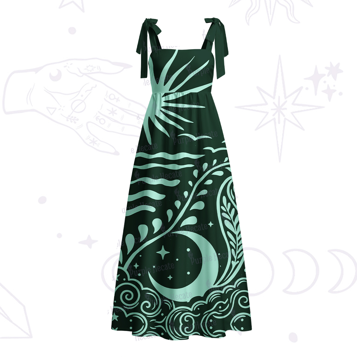 Purplehecate Celestial Sun Moon Waves Tie Shoulder Maxi Dress