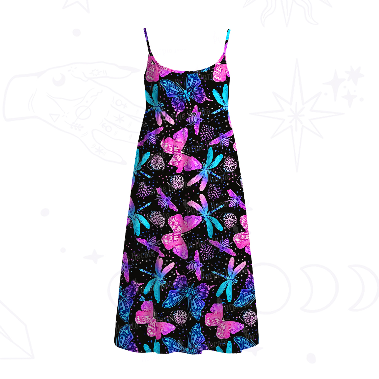 Purplehecate Neon Butterfly Dragonfly Spaghetti Strap Midi Dress
