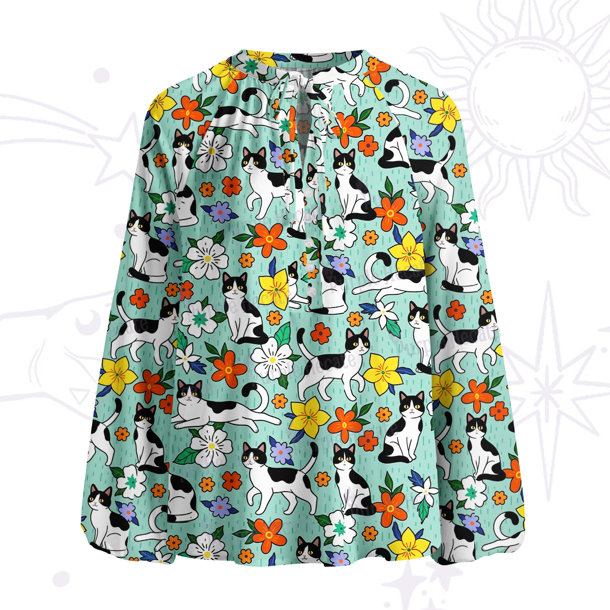Purplehecate Enchanted Spring Whispering Cat Split Neck Tie Blouse