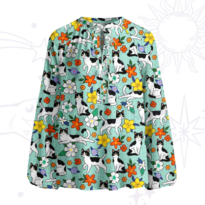 Purplehecate Enchanted Spring Whispering Cat Split Neck Tie Blouse