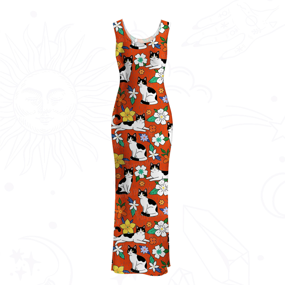Purplehecate Enchanted Spring Whispering Cat Mesh Maxi Tank Beach Dress