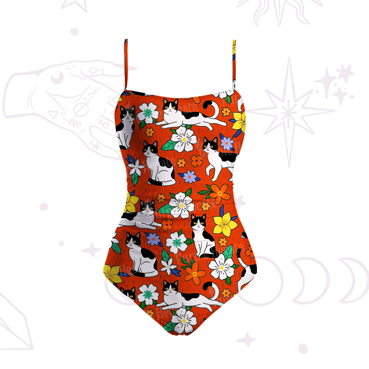 Purplehecate Enchanted Spring Whispering Cat Slim-Strap Swimsuit