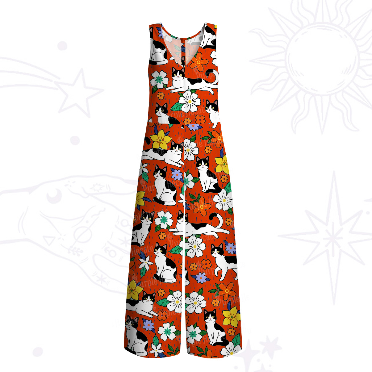 Purplehecate Enchanted Spring Whispering Cat Wide Leg Jumpsuit