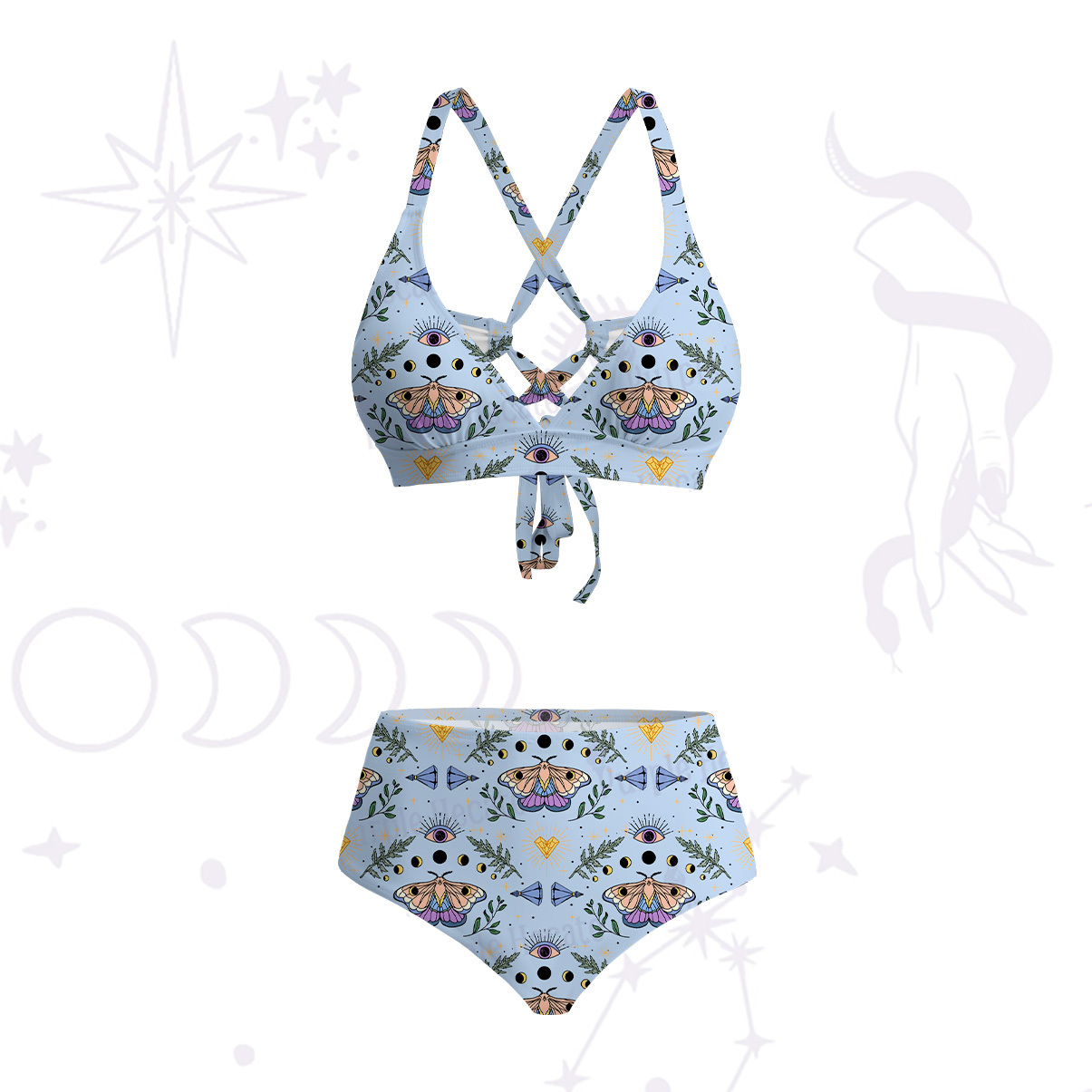 Purplehecate Luna Moth Witch Crisscross Tie-Back Bikini Set