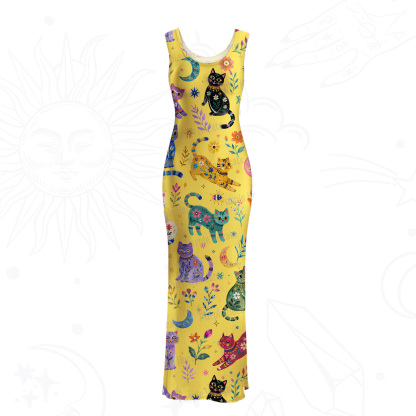 Purplehecate Rainbow Magic Cats Mesh Maxi Tank Beach Dress