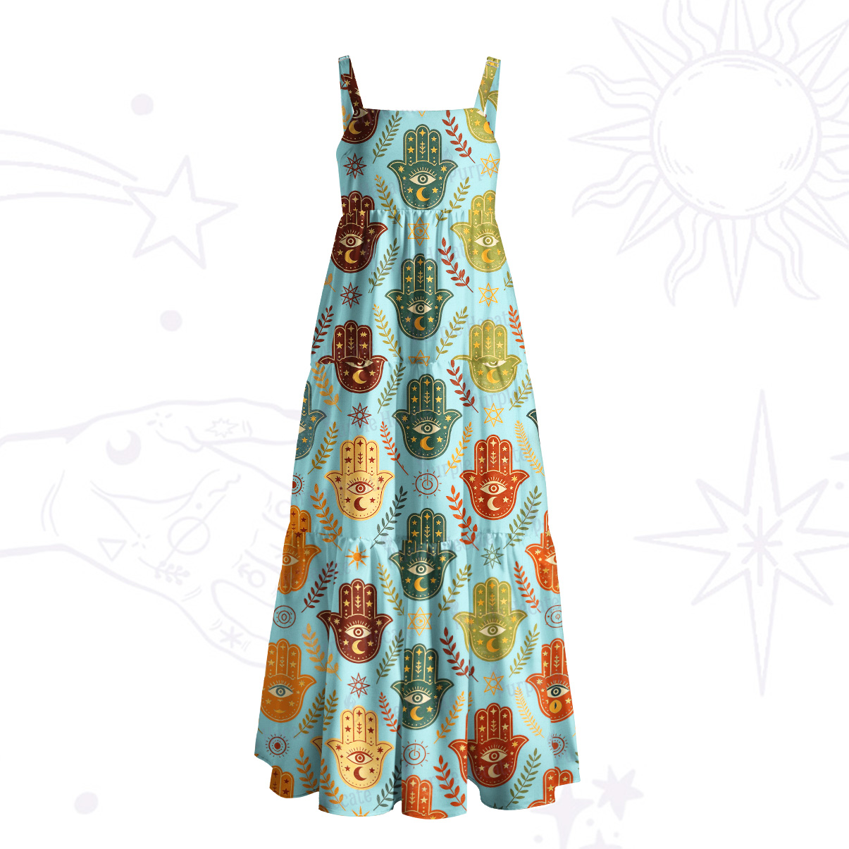 Purplehecate Boho Hamsa Hand Print Wide Straps Maxi Dress