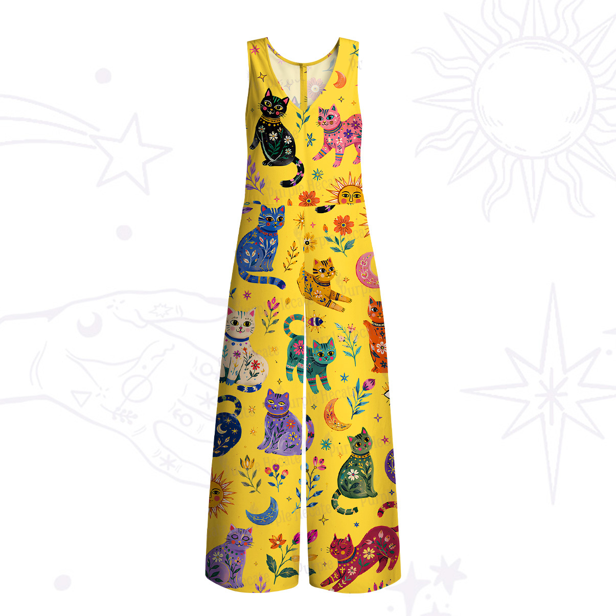 Purplehecate Rainbow Magic Cats Wide Leg Jumpsuit