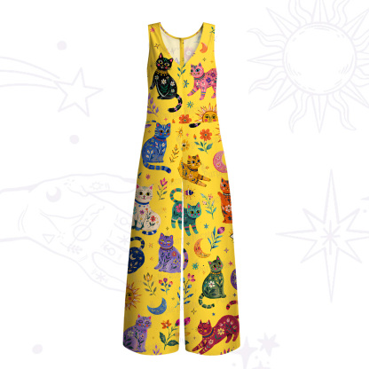 Purplehecate Rainbow Magic Cats Wide Leg Jumpsuit