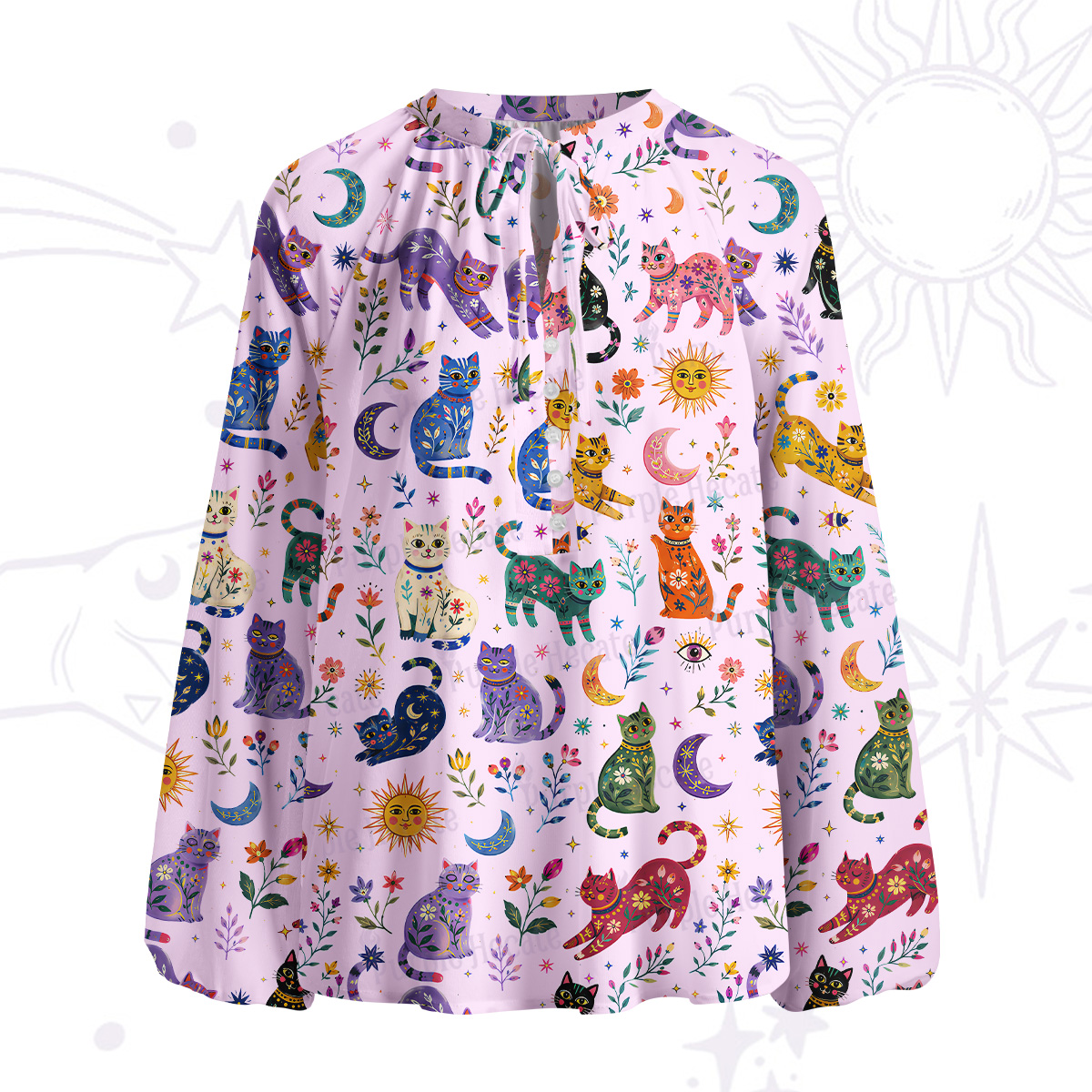 Purplehecate Rainbow Magic Cats Split Neck Tie Blouse