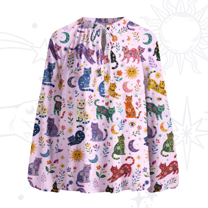 Purplehecate Rainbow Magic Cats Split Neck Tie Blouse