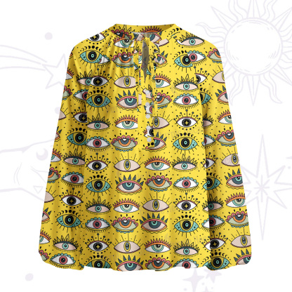 Purplehecate Evil Eye Pattern Split Neck Tie Blouse