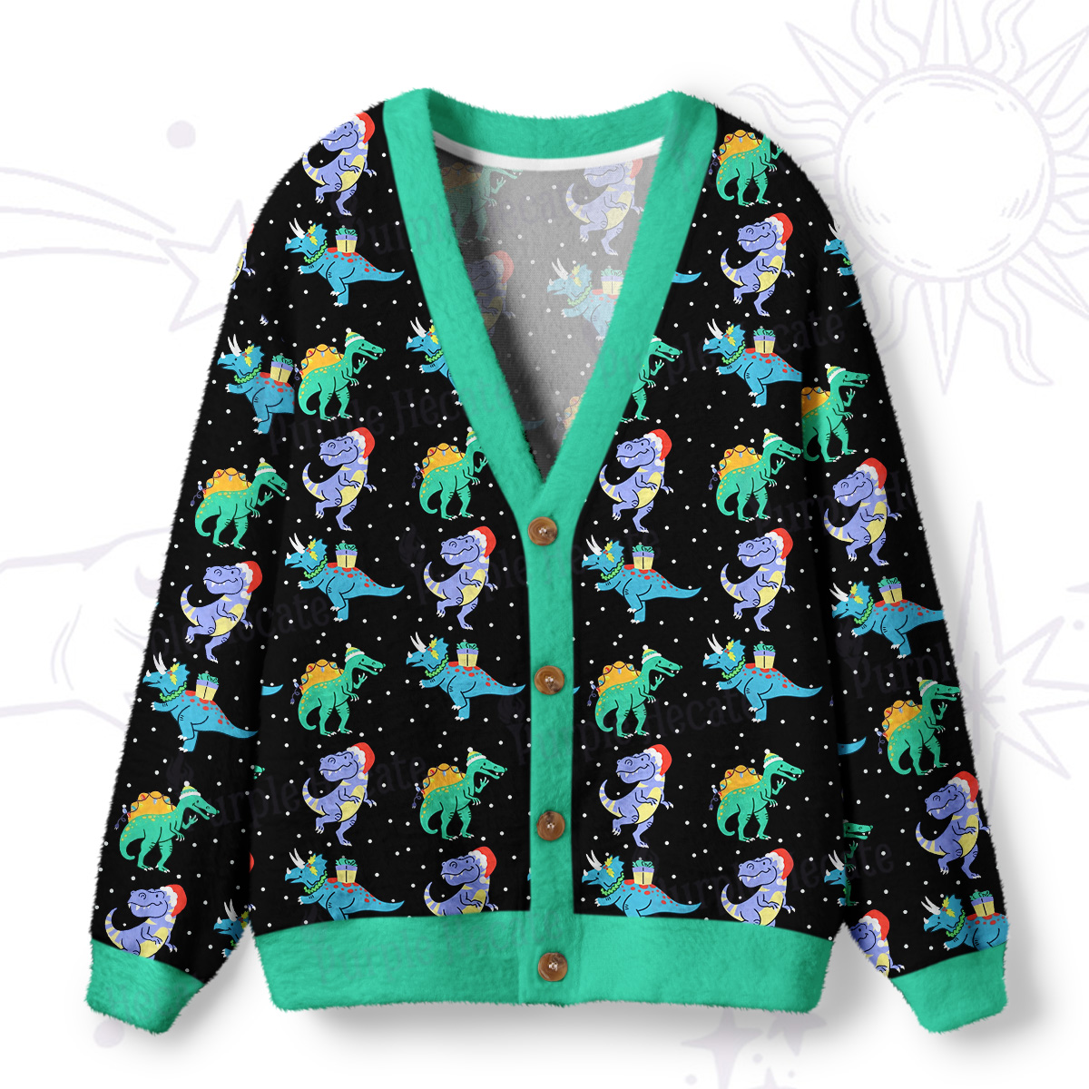 Purplehecate Funny Christmas Dinosaurs Ugly Cardigan Sweaters