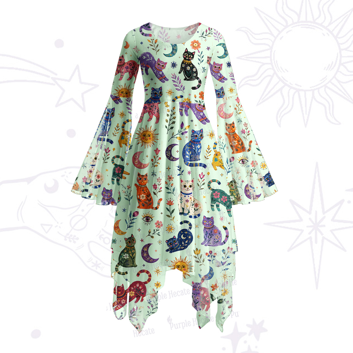 Purplehecate Rainbow Magic Cats Bell Sleeve Dress