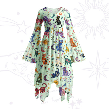 Purplehecate Rainbow Magic Cats Bell Sleeve Dress