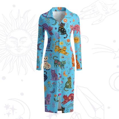 Purplehecate Rainbow Magic Cats Ribbed Knit Dress