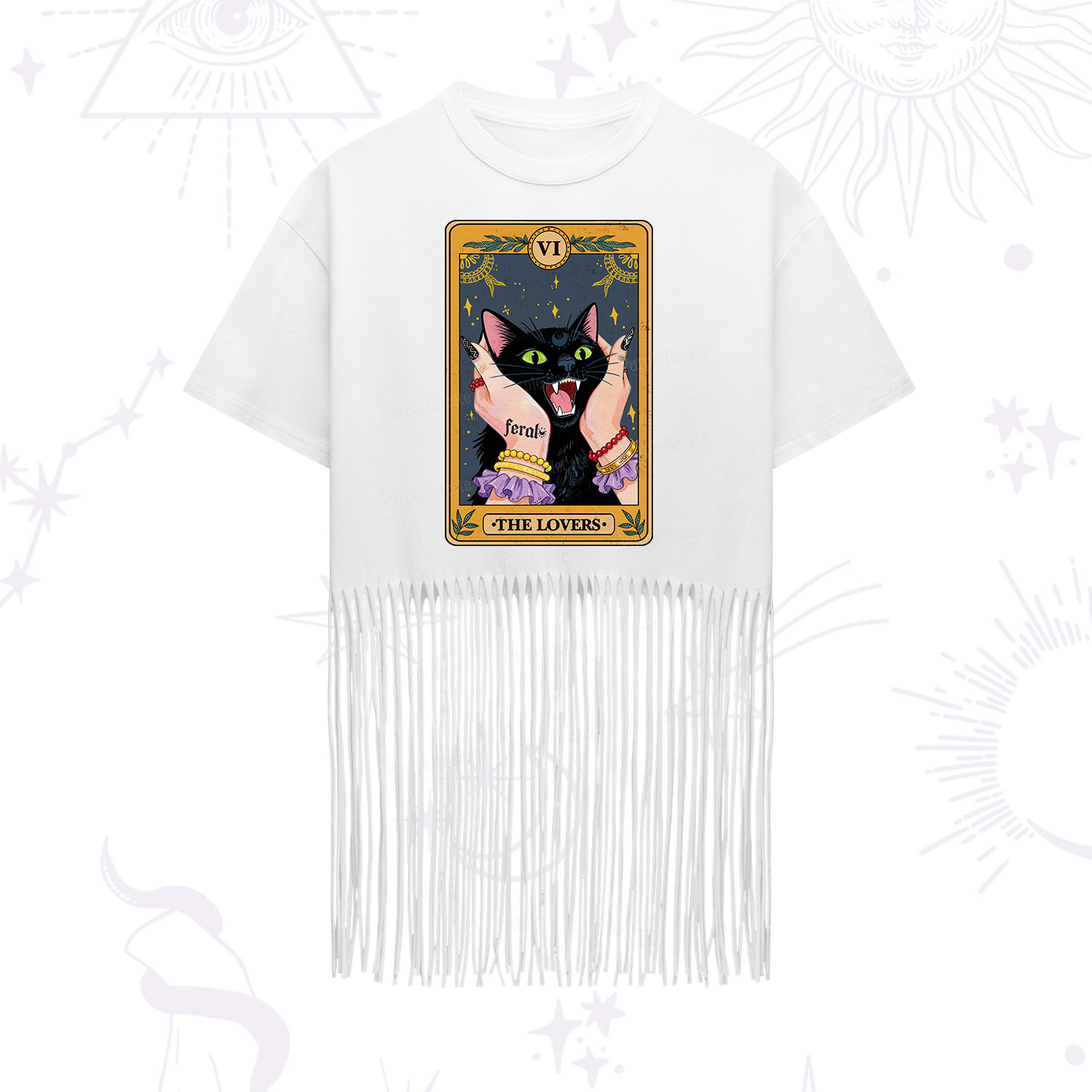 Purplehecate The Lovers Tarot Feral Cat Fringe Hem T-Shirt