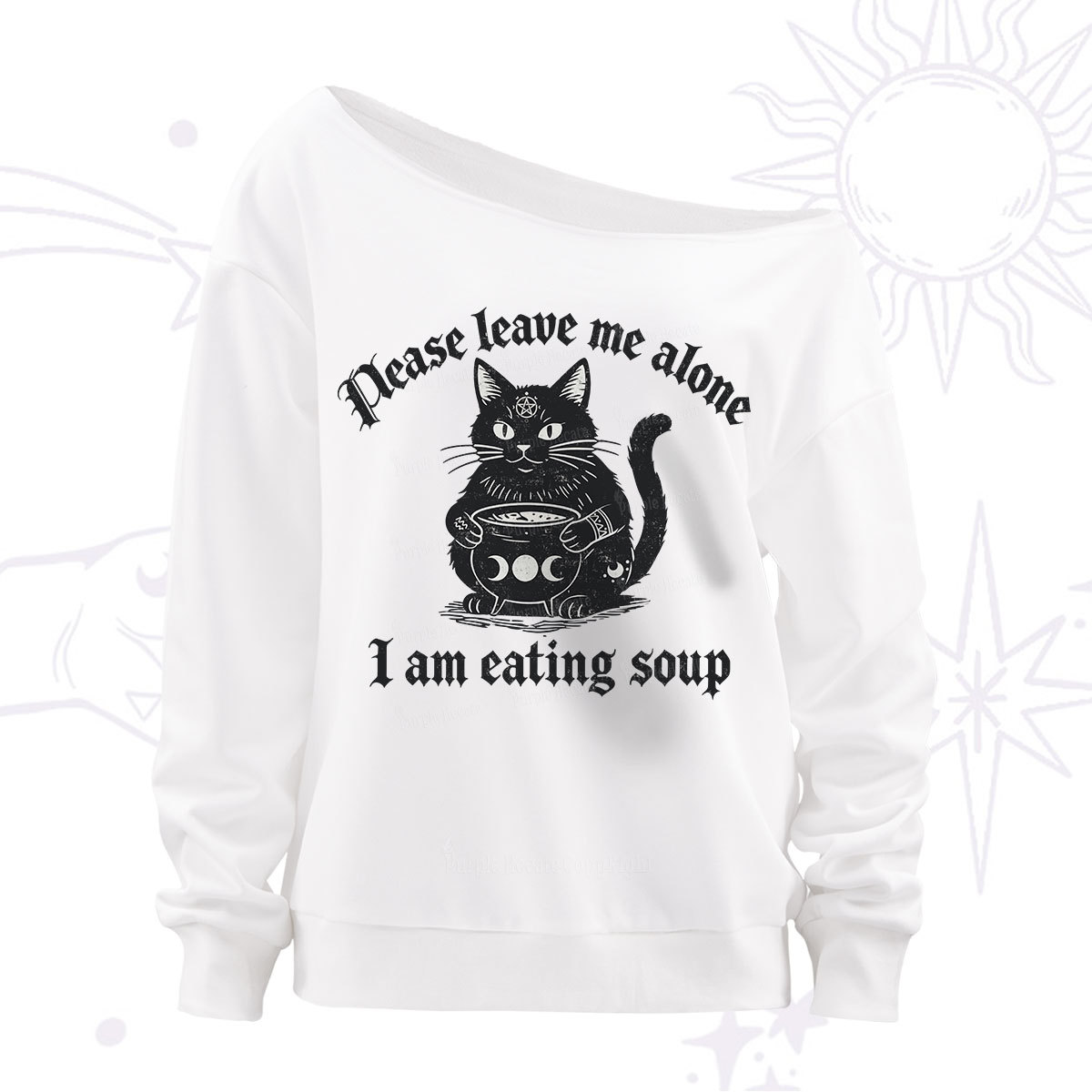 Purplehecate Magic Cat Eating Soup Off The Shoulder Sweatshirt