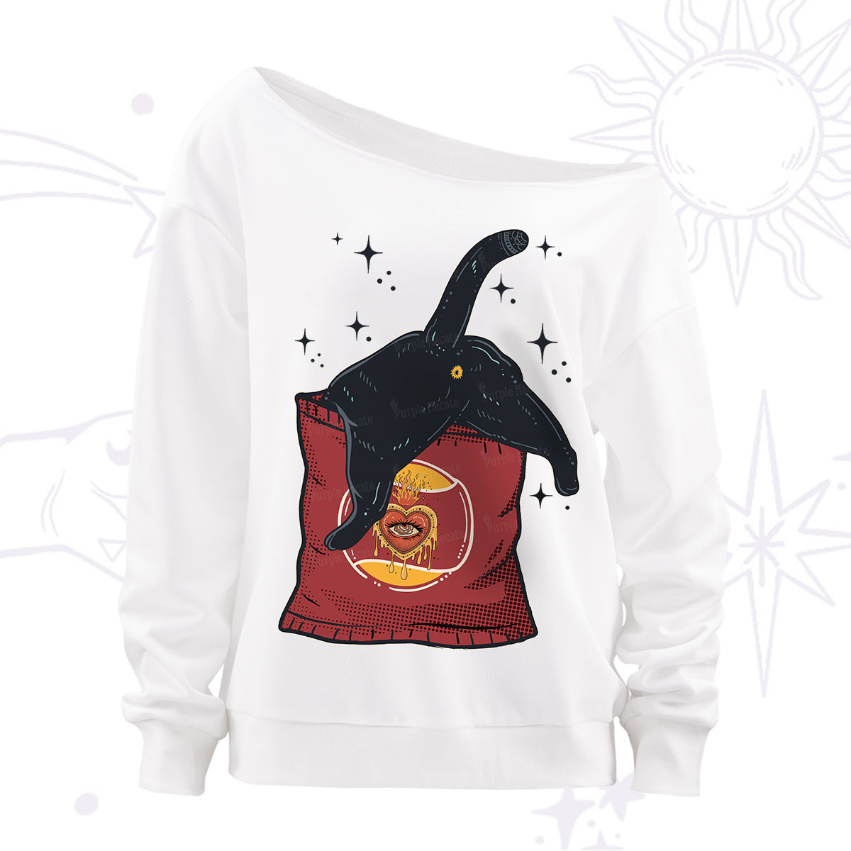 Purplehecate Curious Witch Cat Off The Shoulder Sweatshirt
