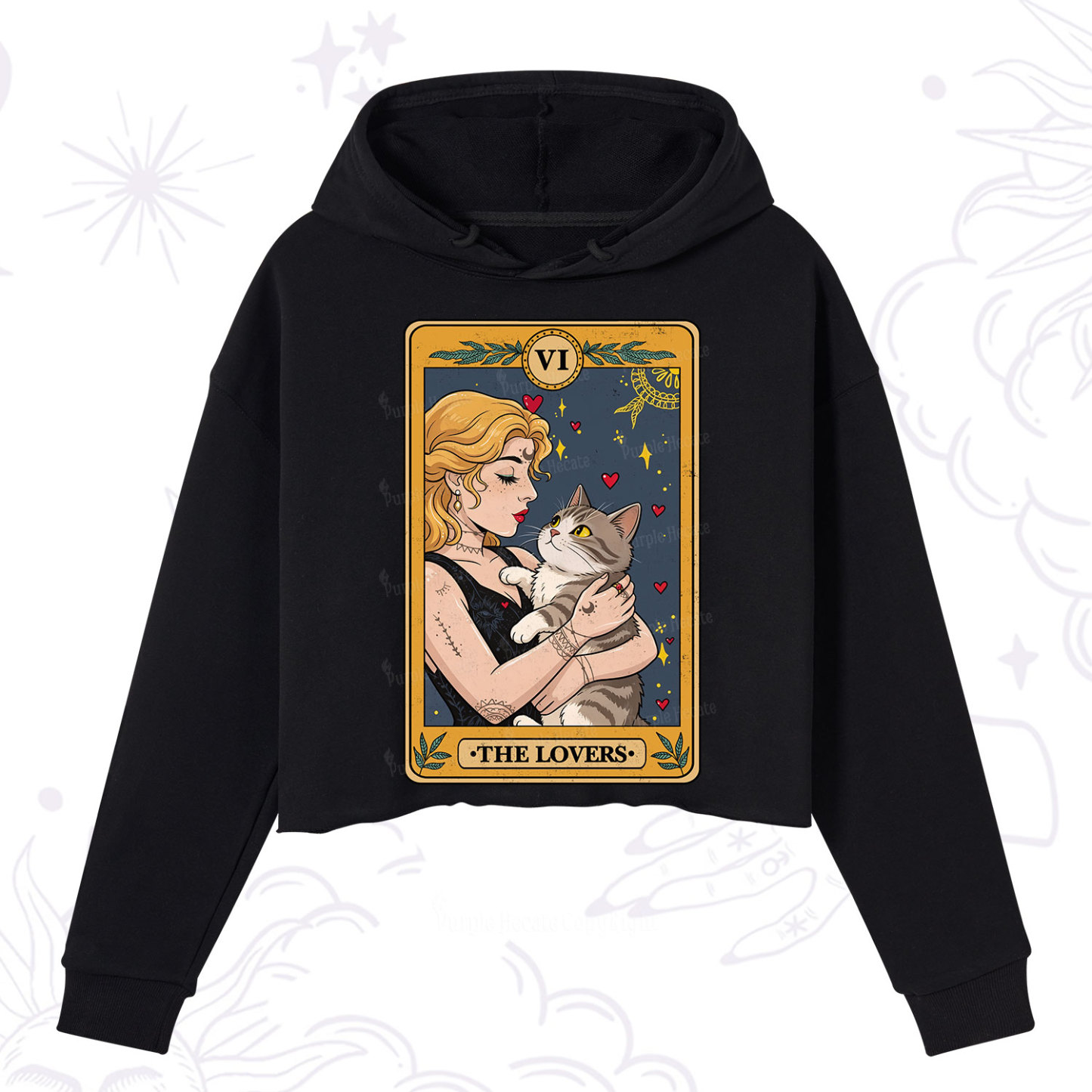 Purplehecate The Lovers Tarot for Cat Lovers Crop Hoodie