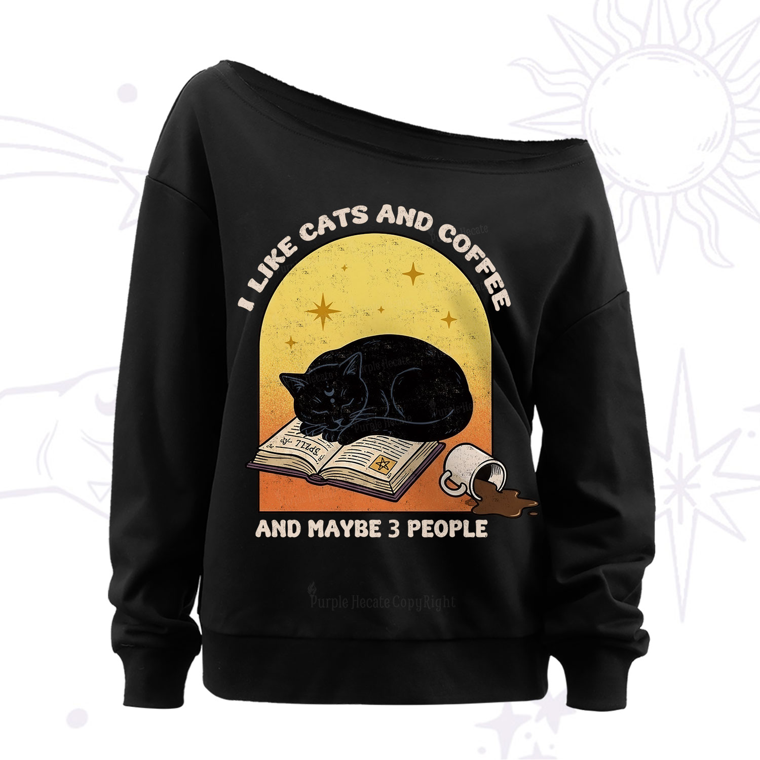 Purplehecate I Like Cats And Coffee Off The Shoulder Sweatshirt