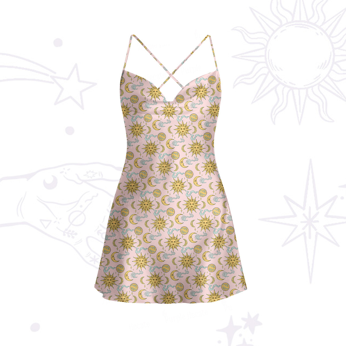 Purplehecate Magic of Sun and Moon Satin Cross Back Mini Dress