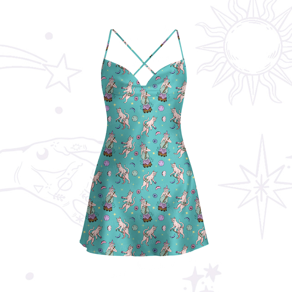 Purplehecate Cat Coven Satin Cross Back Mini Dress